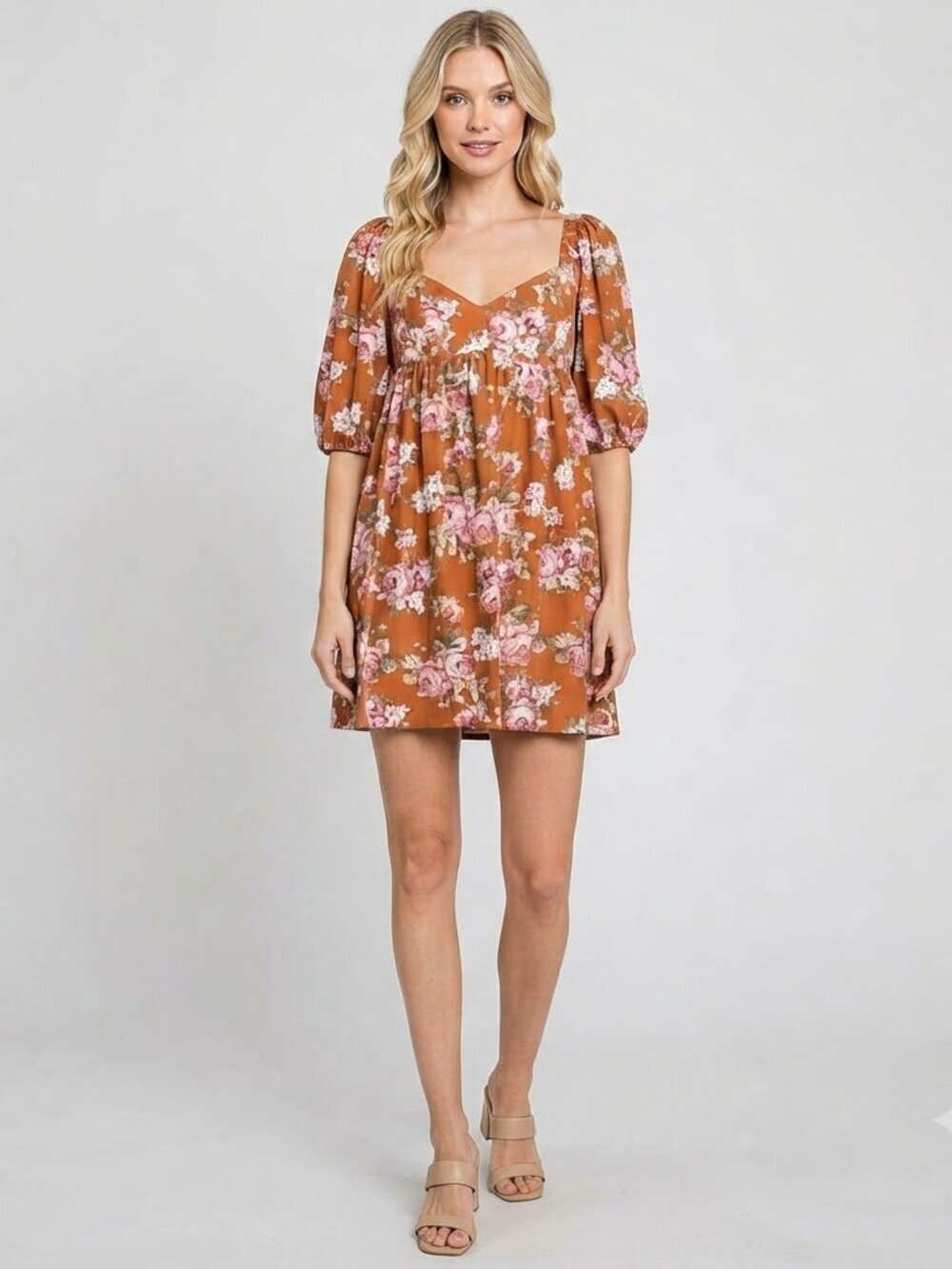 Wayf Orange Floral Print V-Neck Puff Sleeve Babydoll Mini Dress Size XS NWOT